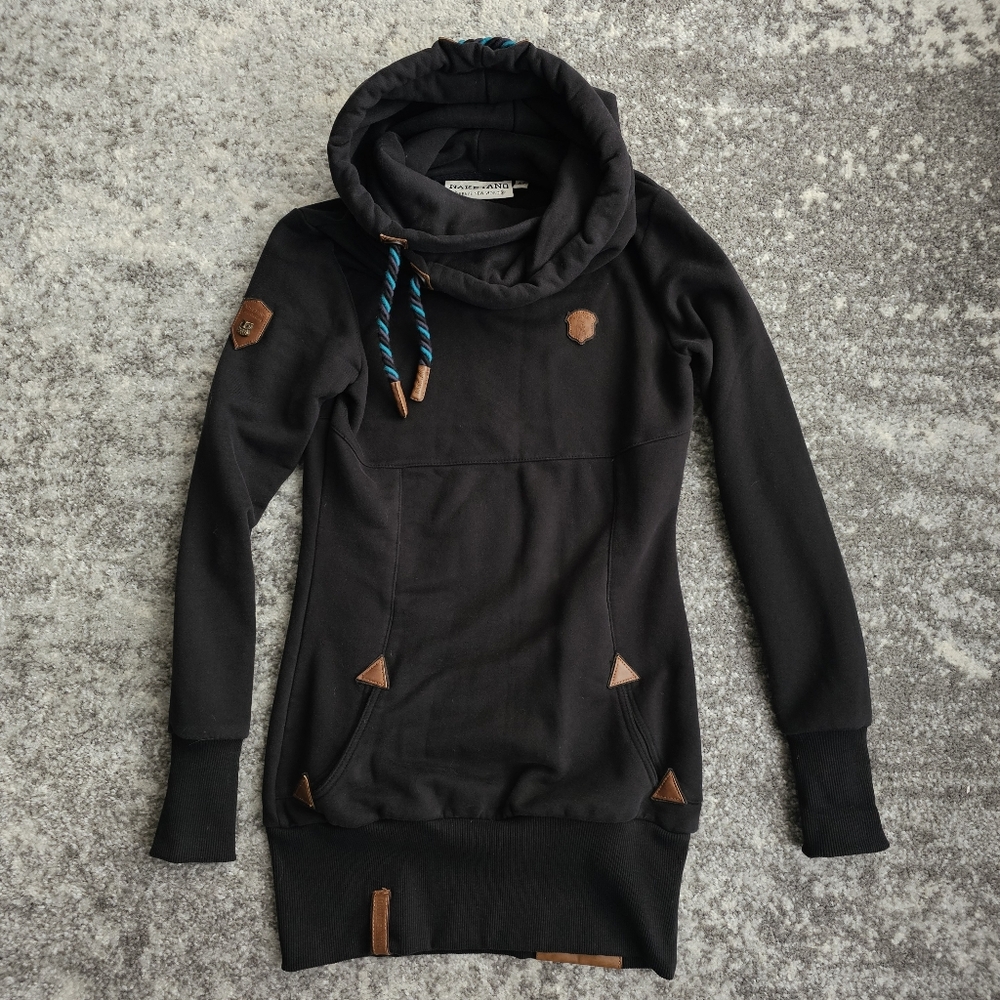 Naketano Lange Hooded Black Sweater Extra Long Hoodie Dress EUC Discontinued